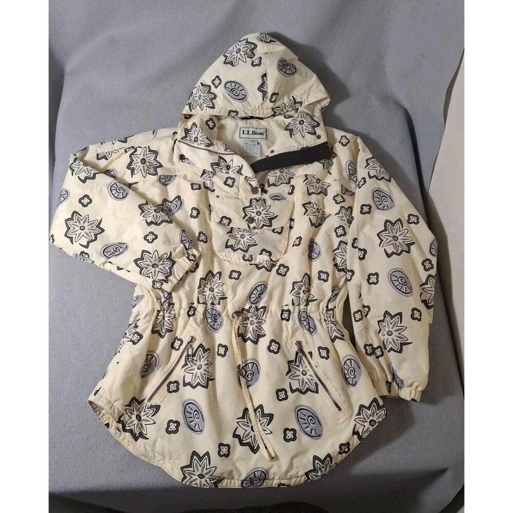Vintage L.L. Bean Anorak Jacket Womens Med Floral Coastal Hodded Nylon Yellow